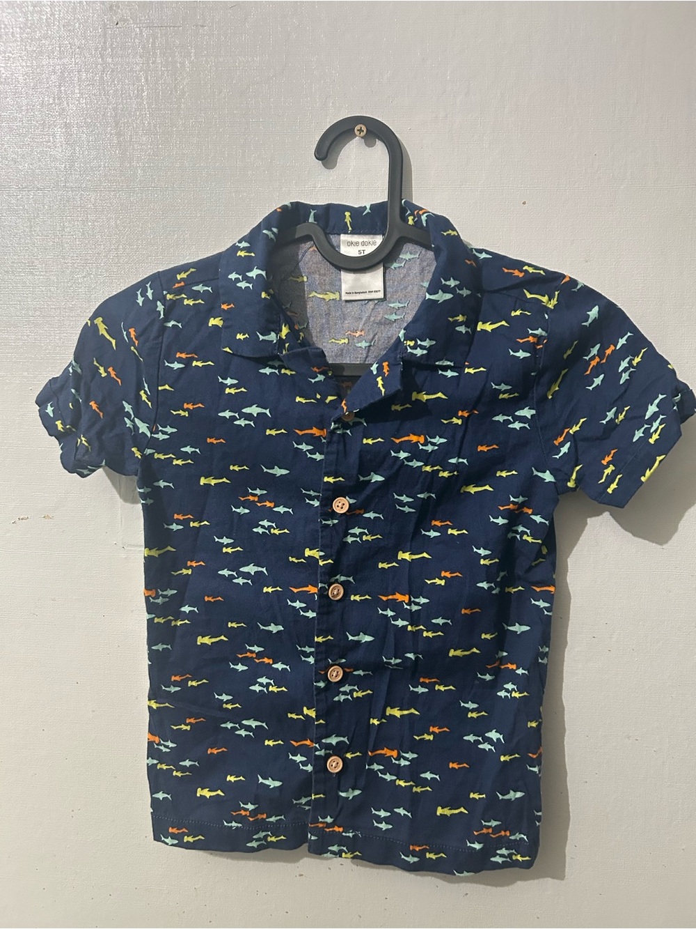 okie dokie Navy Short Sleeve Button-Down Shirt with Colorful Shark Print